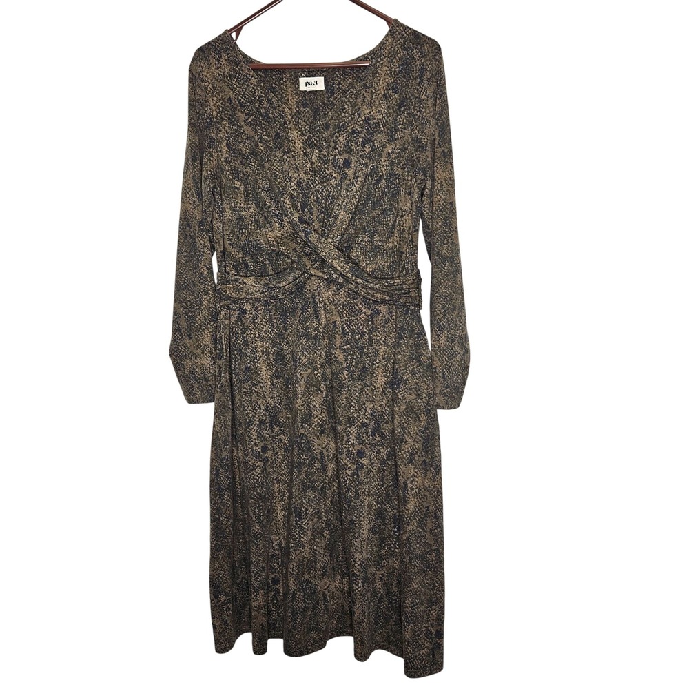 Pact XL Organic Cotton Blend Long Sleeve Midi Dress Black Tan‎ Pattern Lagenlook